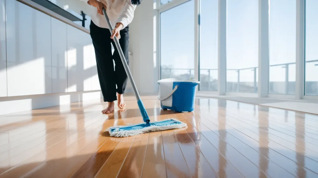 Person mopping a sunlit wood floor
